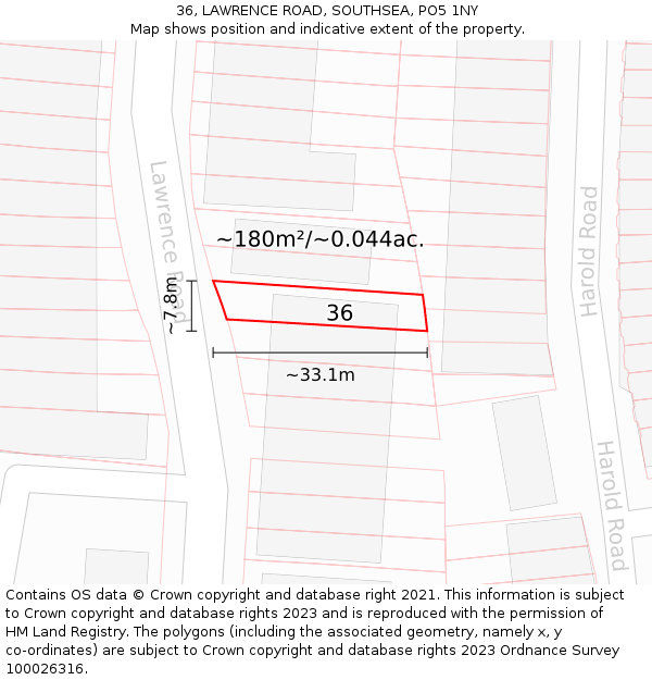 36, LAWRENCE ROAD, SOUTHSEA, PO5 1NY: Plot and title map