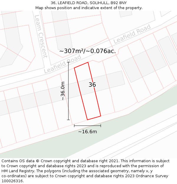 36, LEAFIELD ROAD, SOLIHULL, B92 8NY: Plot and title map