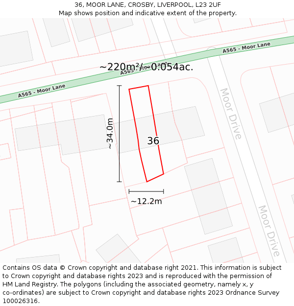 36, MOOR LANE, CROSBY, LIVERPOOL, L23 2UF: Plot and title map