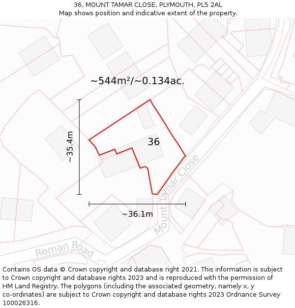 36, MOUNT TAMAR CLOSE, PLYMOUTH, PL5 2AL: Plot and title map