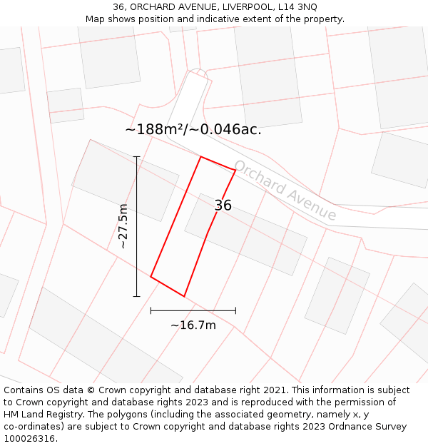 36, ORCHARD AVENUE, LIVERPOOL, L14 3NQ: Plot and title map