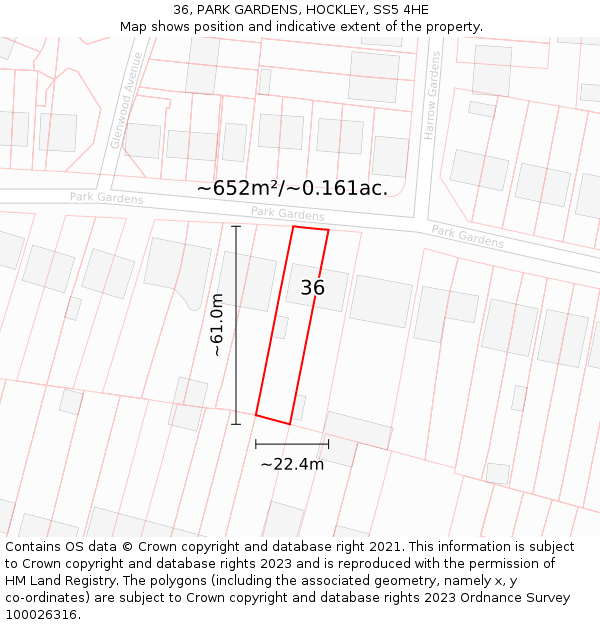 36, PARK GARDENS, HOCKLEY, SS5 4HE: Plot and title map