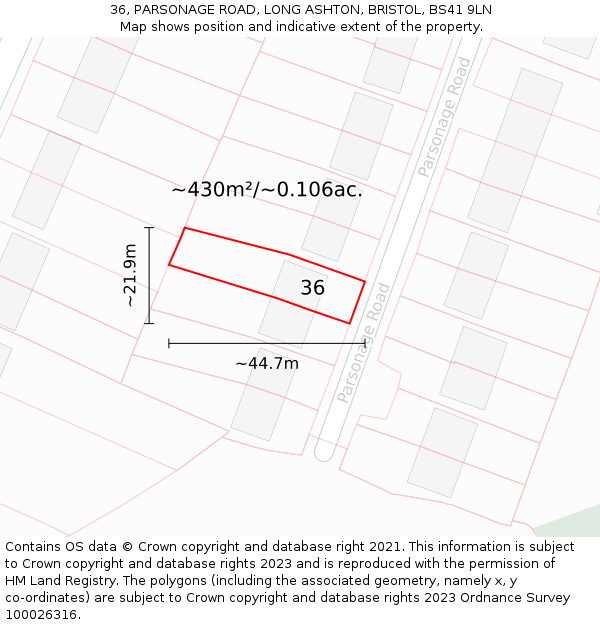 36, PARSONAGE ROAD, LONG ASHTON, BRISTOL, BS41 9LN: Plot and title map