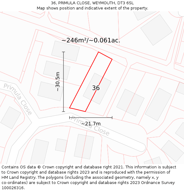 36, PRIMULA CLOSE, WEYMOUTH, DT3 6SL: Plot and title map