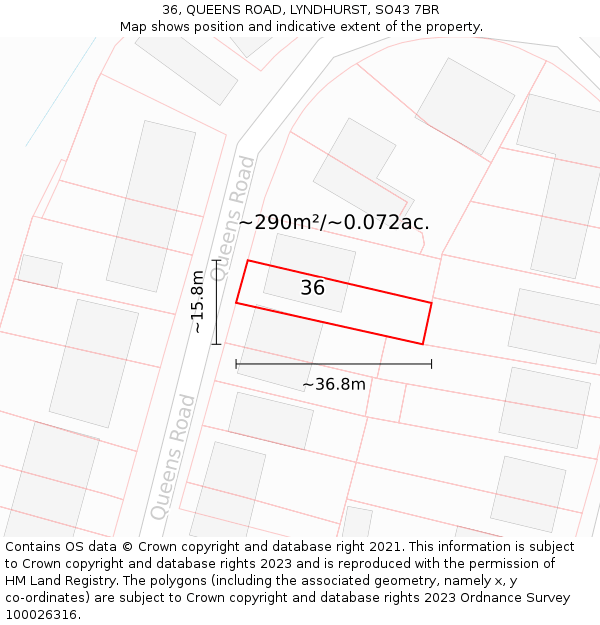 36, QUEENS ROAD, LYNDHURST, SO43 7BR: Plot and title map