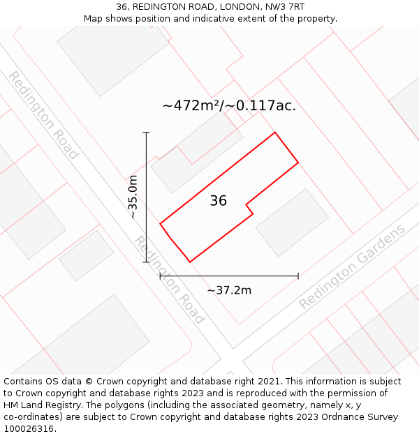 36, REDINGTON ROAD, LONDON, NW3 7RT: Plot and title map