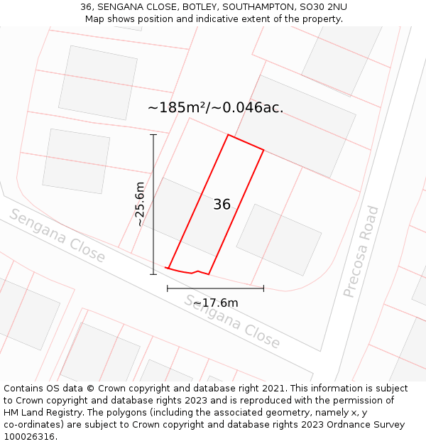 36, SENGANA CLOSE, BOTLEY, SOUTHAMPTON, SO30 2NU: Plot and title map