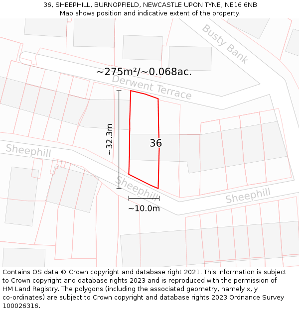 36, SHEEPHILL, BURNOPFIELD, NEWCASTLE UPON TYNE, NE16 6NB: Plot and title map