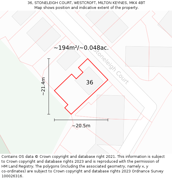 36, STONELEIGH COURT, WESTCROFT, MILTON KEYNES, MK4 4BT: Plot and title map