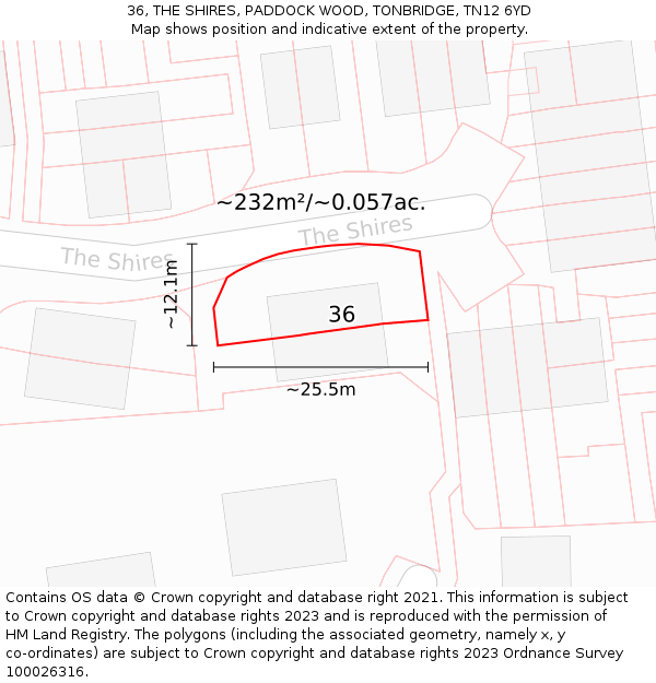 36, THE SHIRES, PADDOCK WOOD, TONBRIDGE, TN12 6YD: Plot and title map