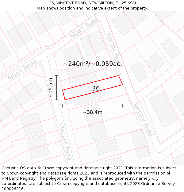 36, VINCENT ROAD, NEW MILTON, BH25 6SN: Plot and title map