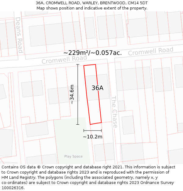 36A, CROMWELL ROAD, WARLEY, BRENTWOOD, CM14 5DT: Plot and title map