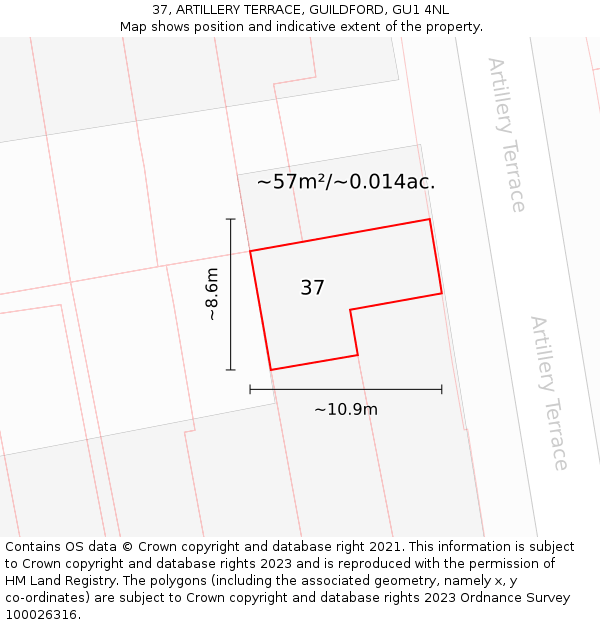 37, ARTILLERY TERRACE, GUILDFORD, GU1 4NL: Plot and title map