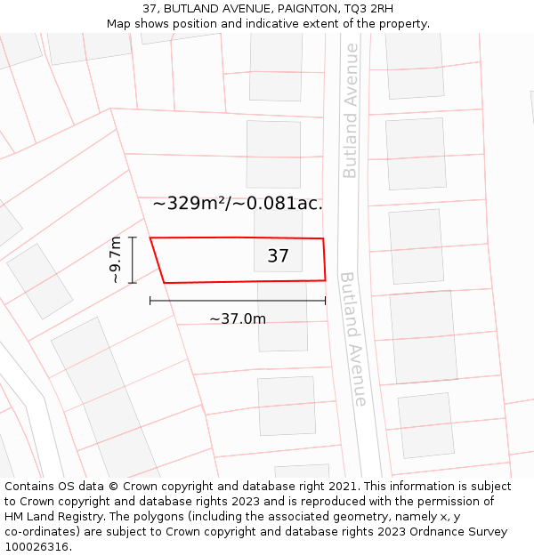 37, BUTLAND AVENUE, PAIGNTON, TQ3 2RH: Plot and title map