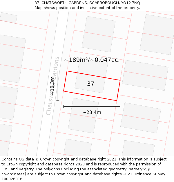 37, CHATSWORTH GARDENS, SCARBOROUGH, YO12 7NQ: Plot and title map