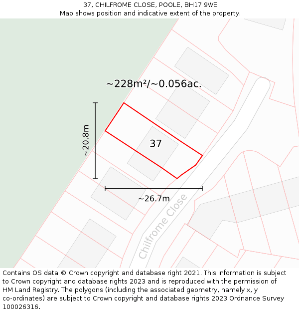 37, CHILFROME CLOSE, POOLE, BH17 9WE: Plot and title map