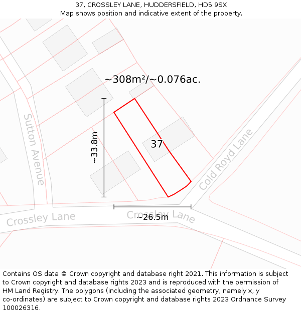 37, CROSSLEY LANE, HUDDERSFIELD, HD5 9SX: Plot and title map