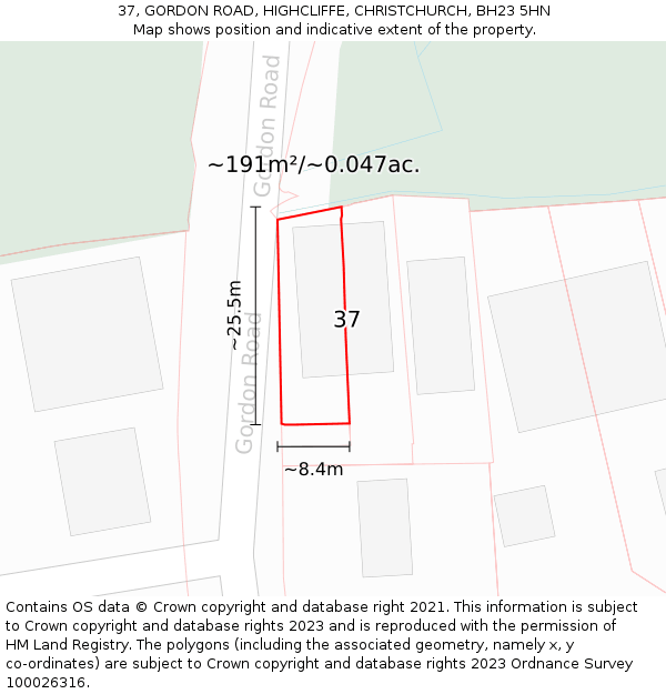 37, GORDON ROAD, HIGHCLIFFE, CHRISTCHURCH, BH23 5HN: Plot and title map