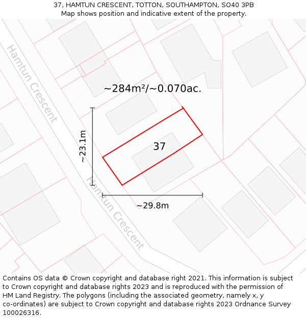 37, HAMTUN CRESCENT, TOTTON, SOUTHAMPTON, SO40 3PB: Plot and title map