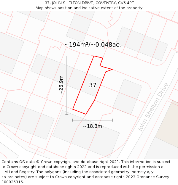 37, JOHN SHELTON DRIVE, COVENTRY, CV6 4PE: Plot and title map