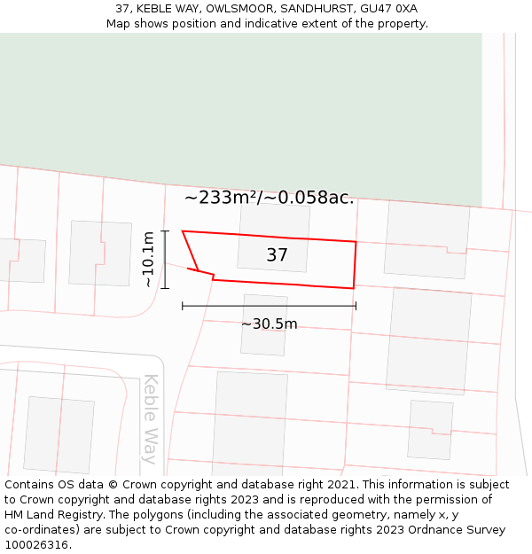 37, KEBLE WAY, OWLSMOOR, SANDHURST, GU47 0XA: Plot and title map