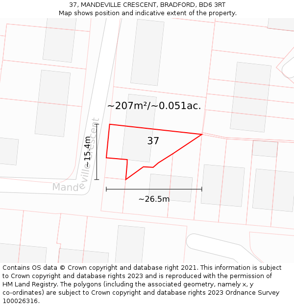 37, MANDEVILLE CRESCENT, BRADFORD, BD6 3RT: Plot and title map