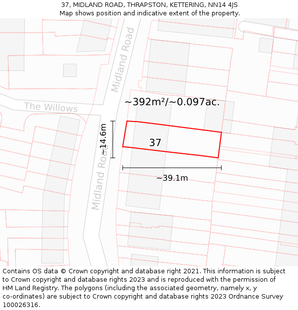 37, MIDLAND ROAD, THRAPSTON, KETTERING, NN14 4JS: Plot and title map