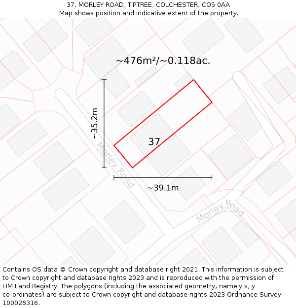 37, MORLEY ROAD, TIPTREE, COLCHESTER, CO5 0AA: Plot and title map