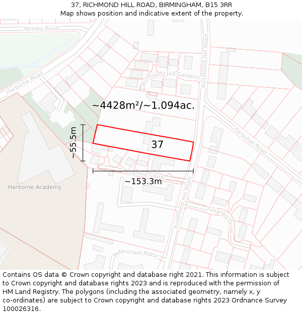 37, RICHMOND HILL ROAD, BIRMINGHAM, B15 3RR: Plot and title map