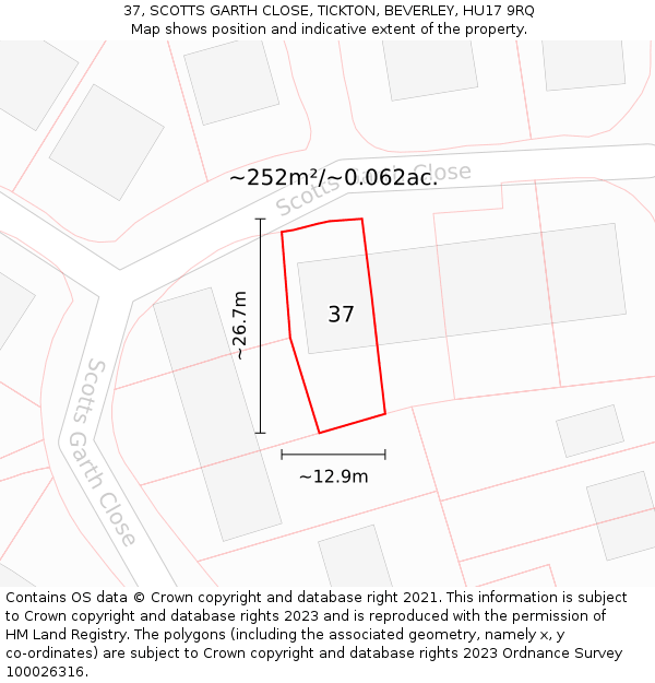 37, SCOTTS GARTH CLOSE, TICKTON, BEVERLEY, HU17 9RQ: Plot and title map