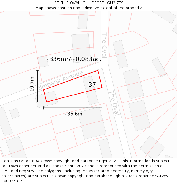 37, THE OVAL, GUILDFORD, GU2 7TS: Plot and title map