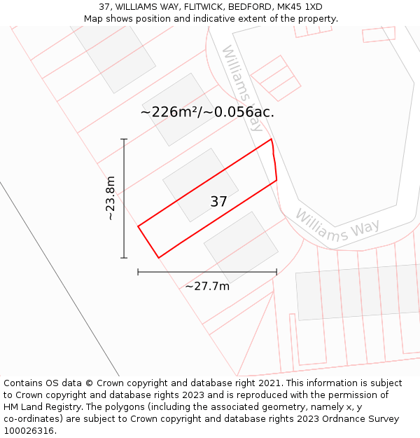 37, WILLIAMS WAY, FLITWICK, BEDFORD, MK45 1XD: Plot and title map