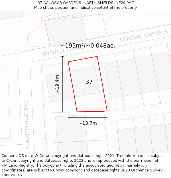 37, WINDSOR GARDENS, NORTH SHIELDS, NE29 9AZ: Plot and title map