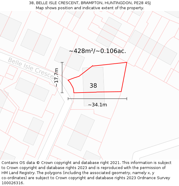 38, BELLE ISLE CRESCENT, BRAMPTON, HUNTINGDON, PE28 4SJ: Plot and title map