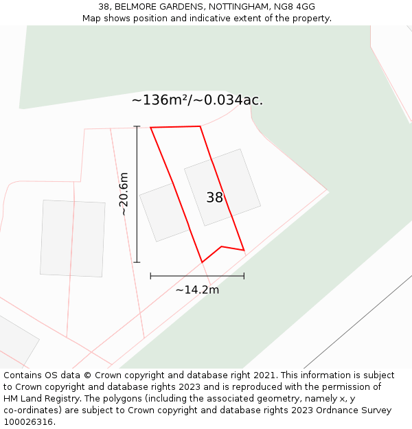 38, BELMORE GARDENS, NOTTINGHAM, NG8 4GG: Plot and title map