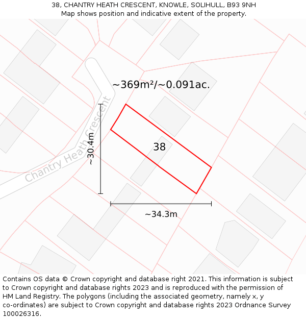 38, CHANTRY HEATH CRESCENT, KNOWLE, SOLIHULL, B93 9NH: Plot and title map