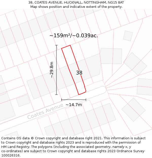 38, COATES AVENUE, HUCKNALL, NOTTINGHAM, NG15 8AT: Plot and title map