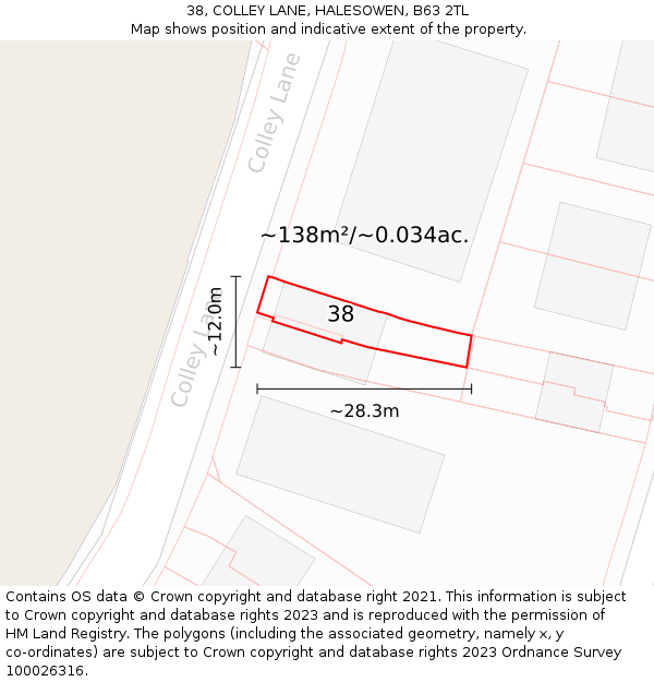 38, COLLEY LANE, HALESOWEN, B63 2TL: Plot and title map