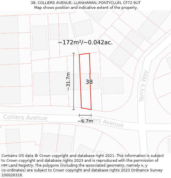 38, COLLIERS AVENUE, LLANHARAN, PONTYCLUN, CF72 9UT: Plot and title map