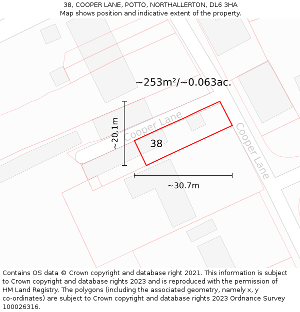 38, COOPER LANE, POTTO, NORTHALLERTON, DL6 3HA: Plot and title map