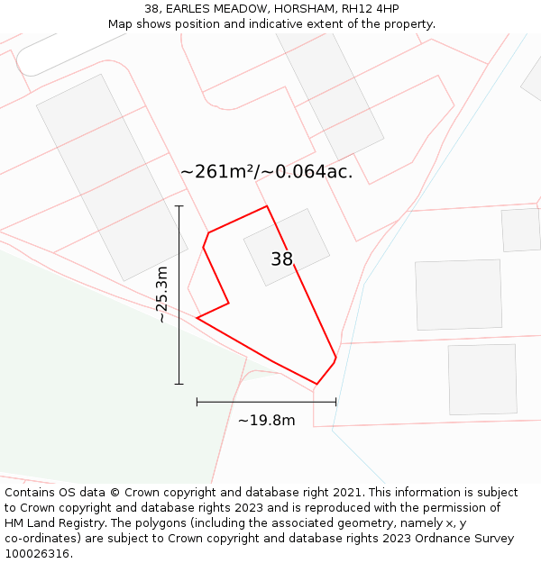 38, EARLES MEADOW, HORSHAM, RH12 4HP: Plot and title map