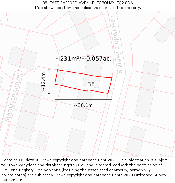 38, EAST PAFFORD AVENUE, TORQUAY, TQ2 8DA: Plot and title map