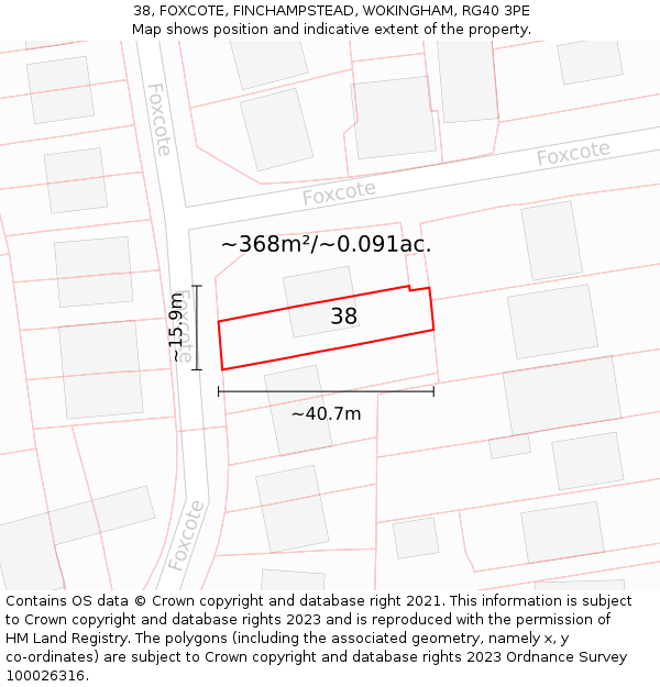 38, FOXCOTE, FINCHAMPSTEAD, WOKINGHAM, RG40 3PE: Plot and title map