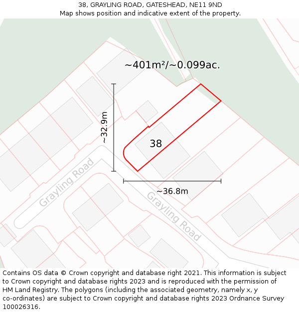 38, GRAYLING ROAD, GATESHEAD, NE11 9ND: Plot and title map