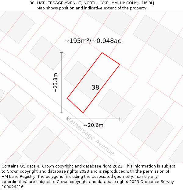 38, HATHERSAGE AVENUE, NORTH HYKEHAM, LINCOLN, LN6 8LJ: Plot and title map