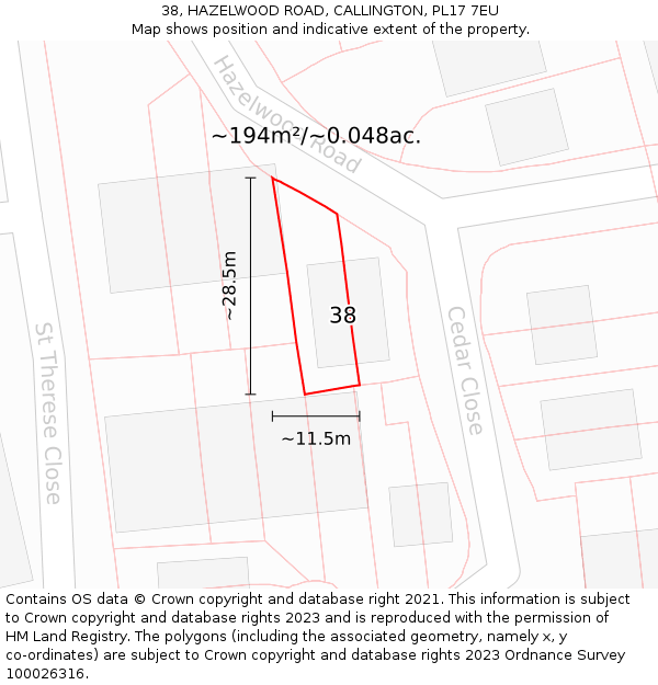 38, HAZELWOOD ROAD, CALLINGTON, PL17 7EU: Plot and title map