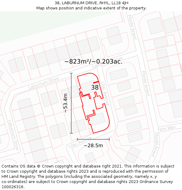 38, LABURNUM DRIVE, RHYL, LL18 4JH: Plot and title map