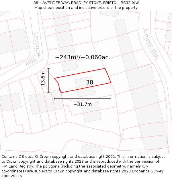 38, LAVENDER WAY, BRADLEY STOKE, BRISTOL, BS32 0LW: Plot and title map