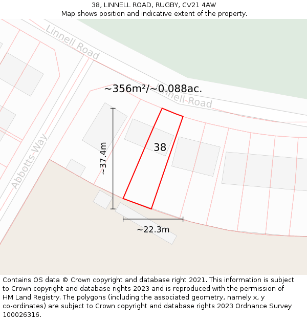 38, LINNELL ROAD, RUGBY, CV21 4AW: Plot and title map