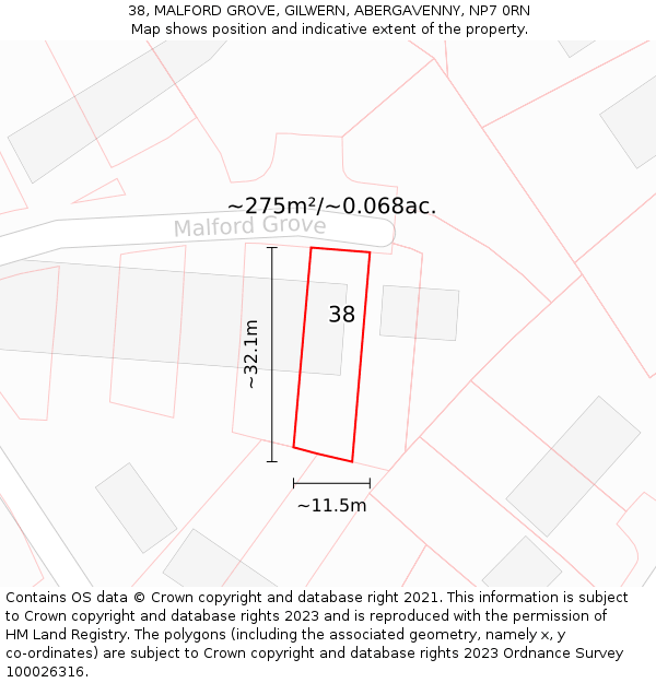 38, MALFORD GROVE, GILWERN, ABERGAVENNY, NP7 0RN: Plot and title map